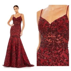 Mac Duggal 20199 NWT SEQUINED ILLUSION CORSET TRUMPET GOWN Burgandy